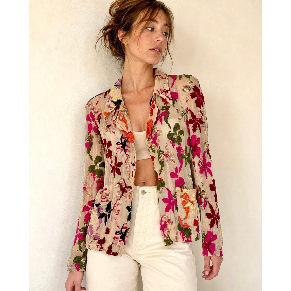 Vintage Dries Van Noten Size 40 S Floral Embroidered Mesh Jacket Archival 2000s